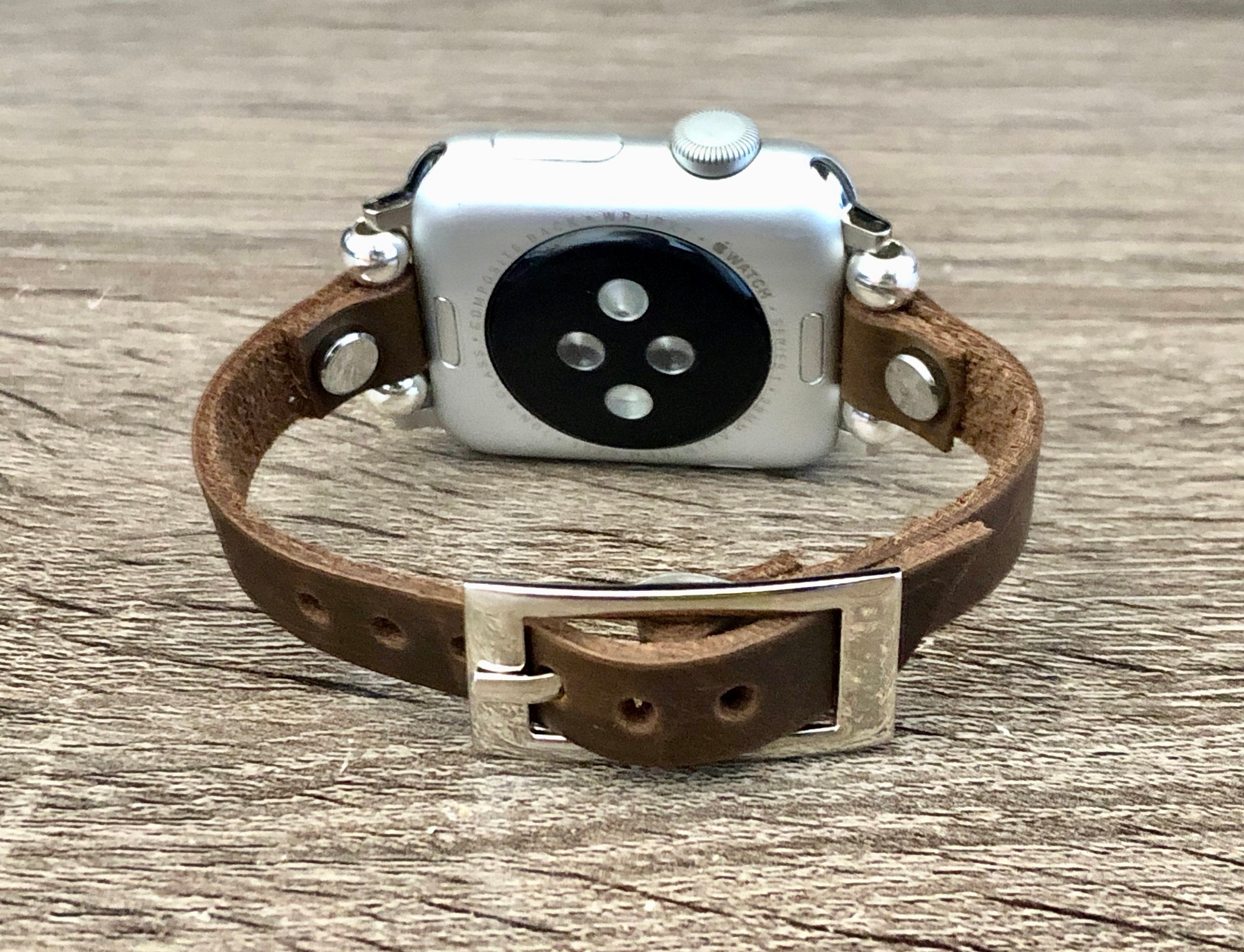 Apple Watch Band 38mm 40mm 41mm 42mm 44mm 45mm Vintage Leather & Silver Apple Watch Bracelet Brown Adjustable Apple Watch Strap Wristband