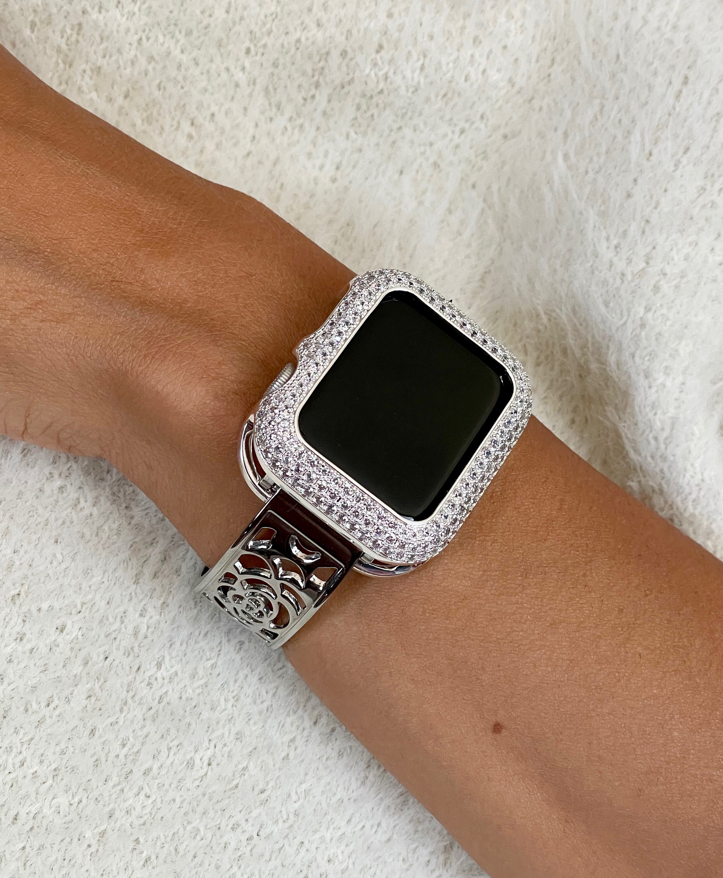 Silver Metal Apple Watch Band Pave Crystals Watch Case Cover (38mm 40mm