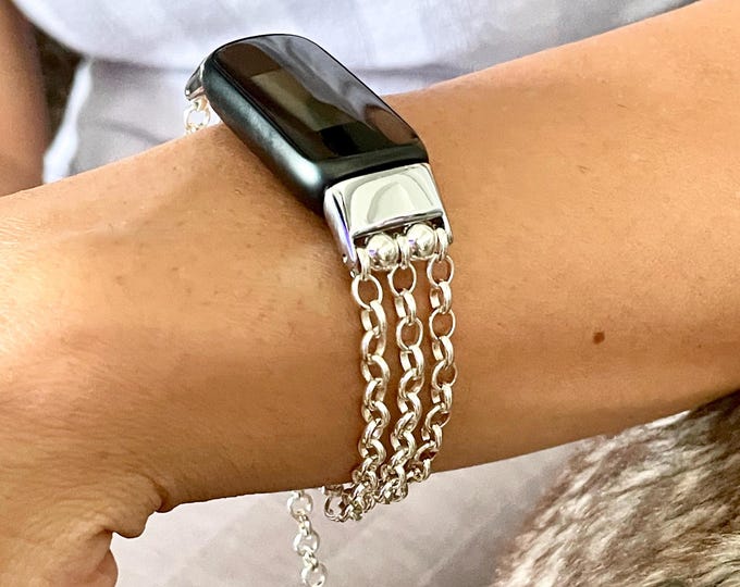 925 Sterling Silver Fitbit Luxe Band Women Style Jewelry Bracelet, Luxury Triple Rolo Chain Fitbit Luxe Accessory, Replacement Tracker Strap