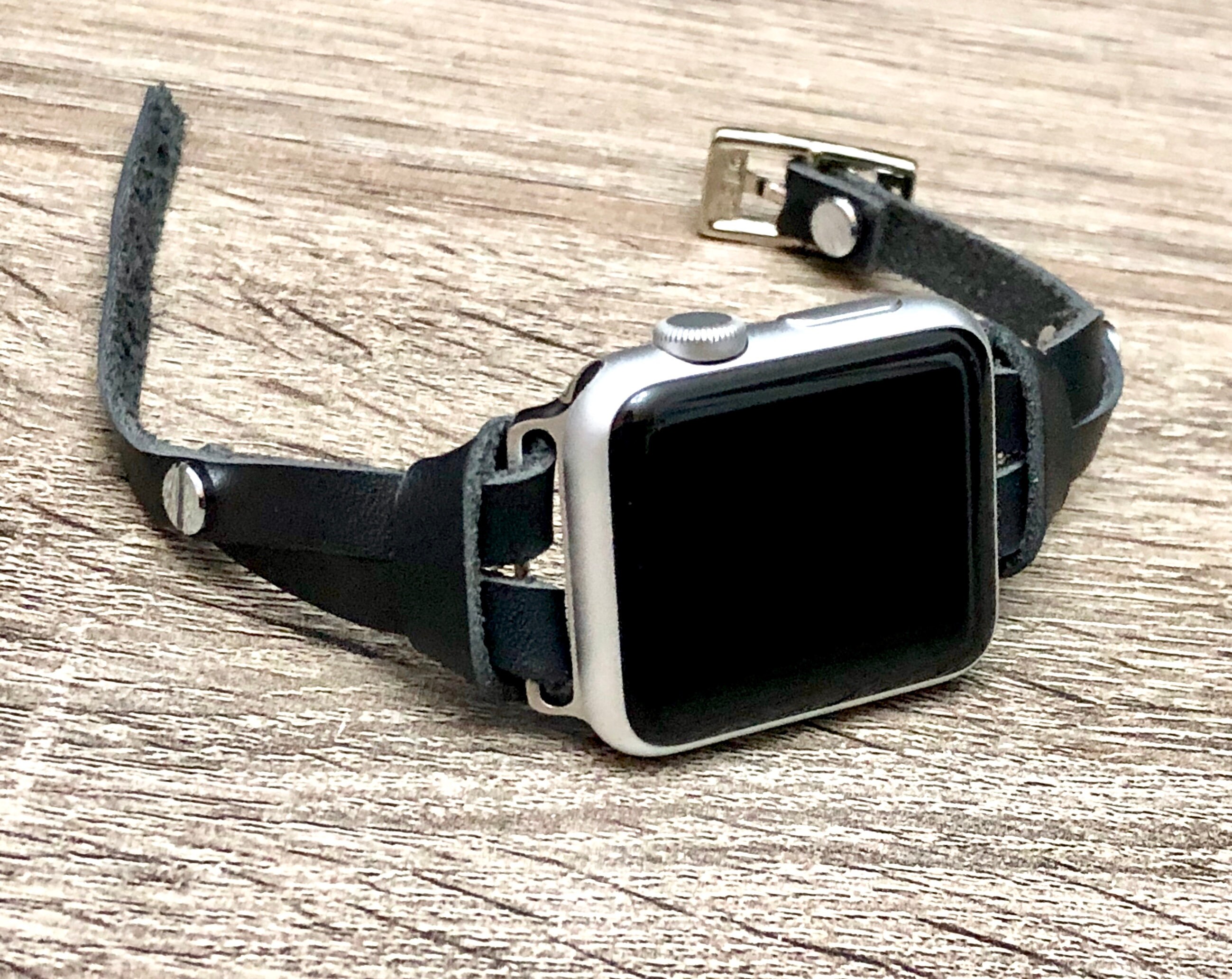 Black Leather Apple Watch Band 38mm 40mm 42mm 44mm Stainless Steel