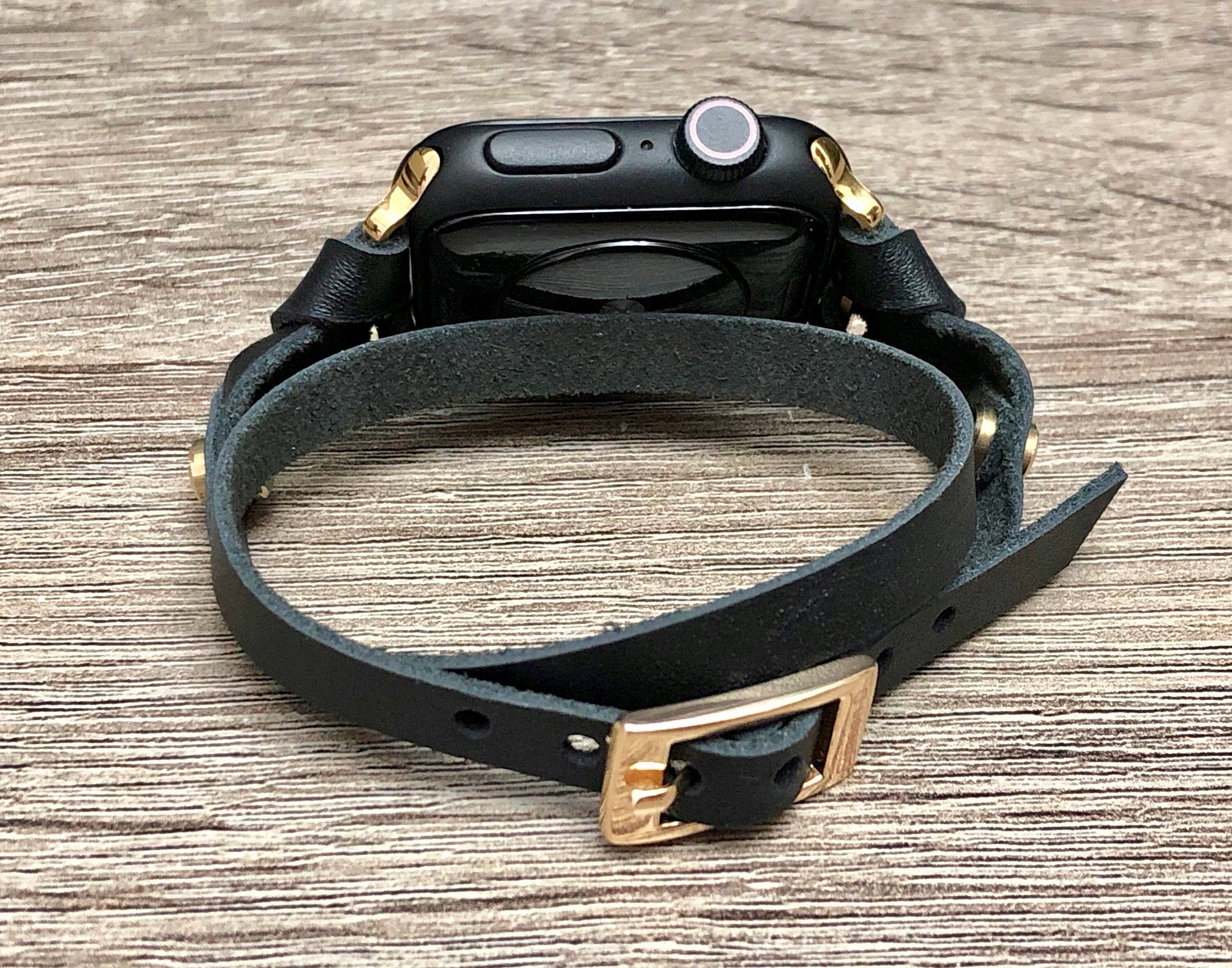 Gold & Black Leather Apple Watch Band 38mm 40mm 42mm 44mm Double Wrap