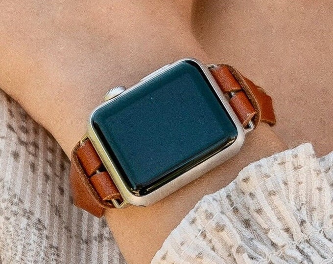 Slim Leather Bracelet For Apple Watch 38mm 40mm 41mm 42mm 44mm 45mm iWatch Adjustable Brown Strap Genuine Leather Apple Watch Band Wristband