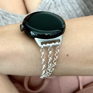Sterling Silver Google Pixel Watch Band - Rolo Chain Strap, Women&#39;s Bracelet 4/3/2 (41mm) (45mm)