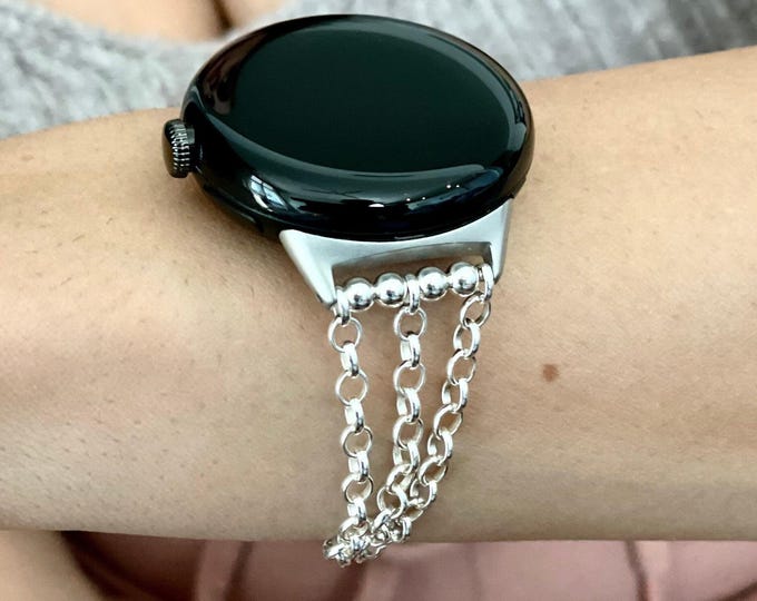 Sterling Silver Google Pixel Watch Band - Rolo Chain Strap, Women's Bracelet 4/3/2 (41mm) (45mm)
