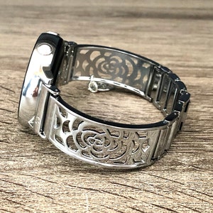 Floral Silver Band For Samsung Galaxy Watch 5 40mm 44mm, Galaxy Watch 5 Pro 45mm, Watch 6 Pro 43mm 47mm, Shiny Silver Metal Charm Bracelet