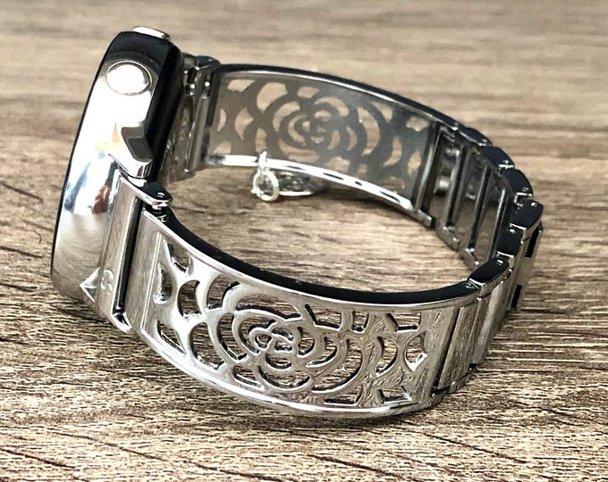 Floral Silver Band For Samsung Galaxy Watch 5 40mm 44mm, Galaxy Watch 5 Pro 45mm, Watch 6 Pro 43mm 47mm, Shiny Silver Metal Charm Bracelet