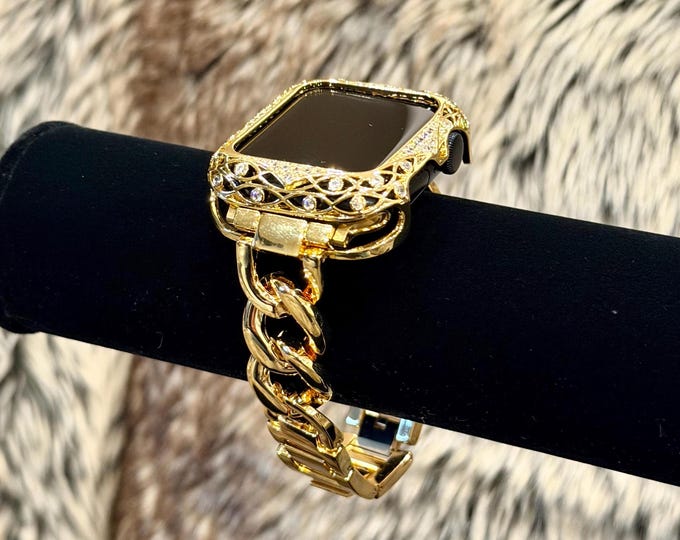 Gold Apple Watch Band for Women, Crystal Case Cover Charm Bracelet, Adjustable Strap