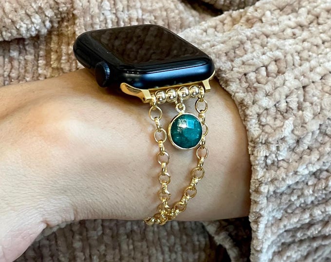 14K Gold Filled Bracelet With Emerald Stones For Apple Watch All Series, Women Wear Apple Watch Band, Emerald Jewelry, Gemstone Bracelet