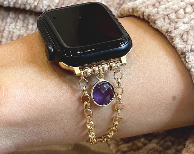 Apple Watch Chain Band Amethyst Stones Bracelet, Dainty Feminine Style Smart Watch Strap, Luxury 14k Gold Filled Women Smartwatch Bracelet