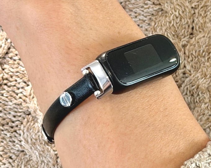 Elegant Fitbit Inspire 3 Band Slim Black Genuine Leather Minimalist Strap Bracelet, Adjustable Accessory