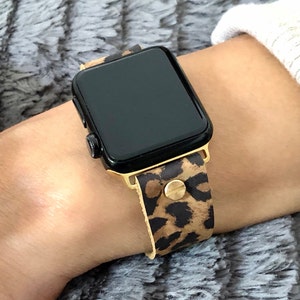 Bling Gold & Leopard Print Leather Apple Watch Strap Bracelet, 38mm 40mm 41mm 42mm 44mm 45mm, BoHo Style iWatch Chic Feminine Band Jewelry