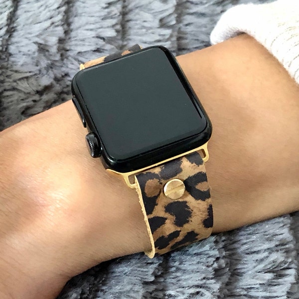 Bracelet Apple Watch en cuir imprimé léopard doré et bling, 38 mm 40 mm 41 mm 42 mm 44 mm 45 mm, style Boho iWatch Chic bijoux féminins