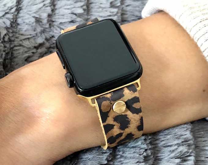 Bling Gold & Leopard Print Leather Apple Watch Strap Bracelet, 38mm 40mm 41mm 42mm 44mm 45mm, BoHo Style iWatch Chic Feminine Band Jewelry