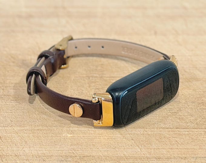 Italian Leather Fitbit Inspire 3 Band: Slim Dark Brown Strap, Gold Accents Women's Bracelet