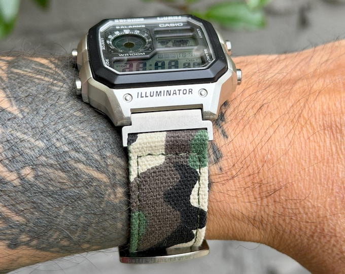 Camo Canvas Watch Band for Casio F-91W, A158W and Royale, 20mm Strap, 18mm Adapters