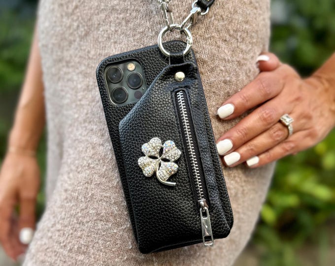 Crossbody iPhone Case 16 Pro 15 Max Plus 14/13/12 - Grain Leather Phone Pouch Wallet, Personalized Shoulder Strap Phone Case, Gift for Her