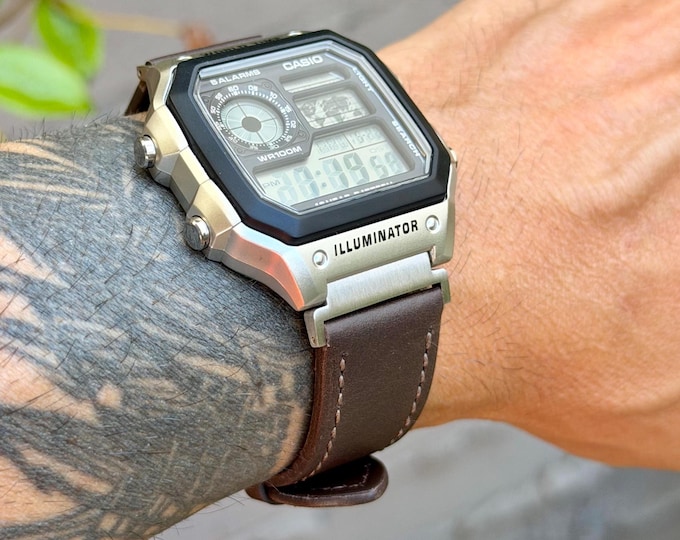Walnut Brown Leather Watch Band Strap for Casio AE1200WHD-1A, Adjustable Size Bracelet