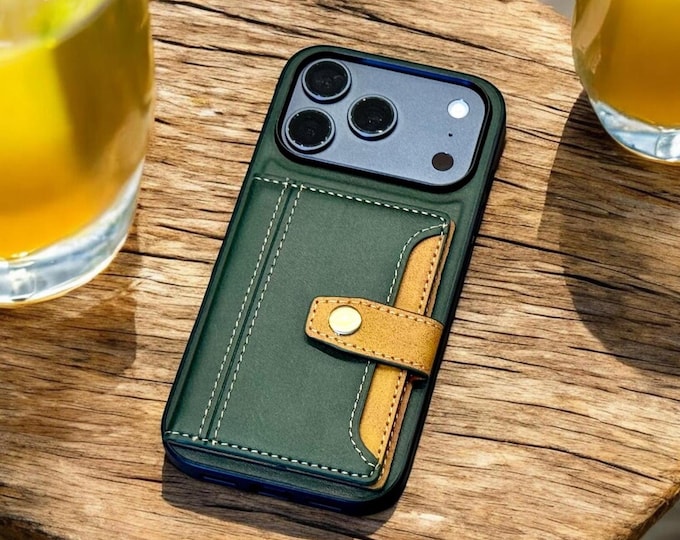 Slim Leather iPhone Case Wallet, Personalized Card Holder, Cash Pocket, Snap Strap Cover, iPhone 17 16 15 14 Pro Max Case, Minimalist Style