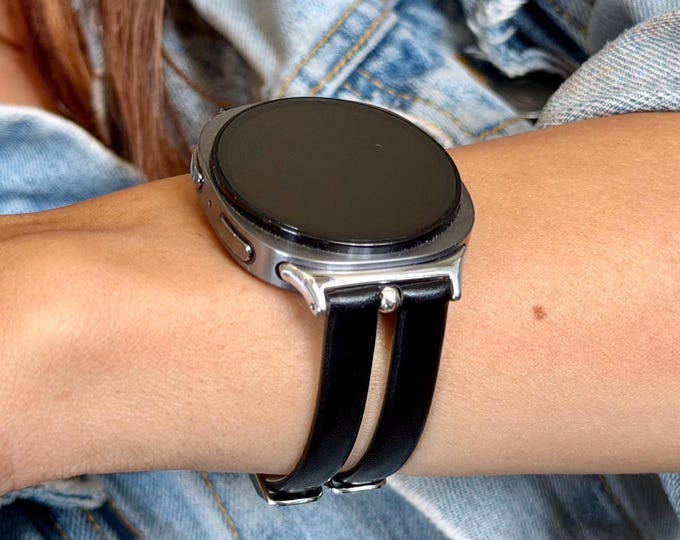 Black Leather Galaxy Watch 8 Band Slim Double Strap Bracelet for Women, Silver Accents