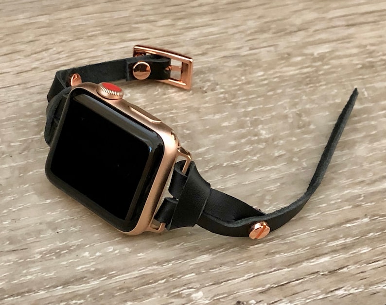 APPLE WATCH BAND Skinny Black Leather Strap Bracelet, 38mm 40mm 41mm 42mm 44mm 45mm, Women Style iWatch Strap Bands, Slim Leather Watch Wrap image 1