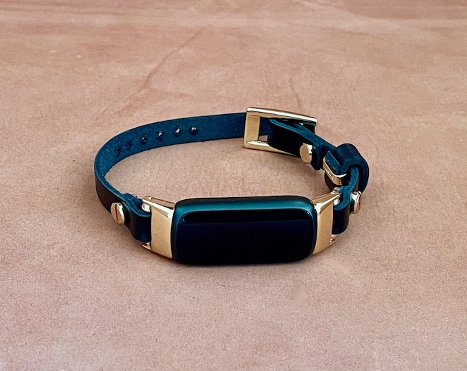 Slim Fitbit Luxe Band: Black Leather & Gold Bracelet, Women's Strap