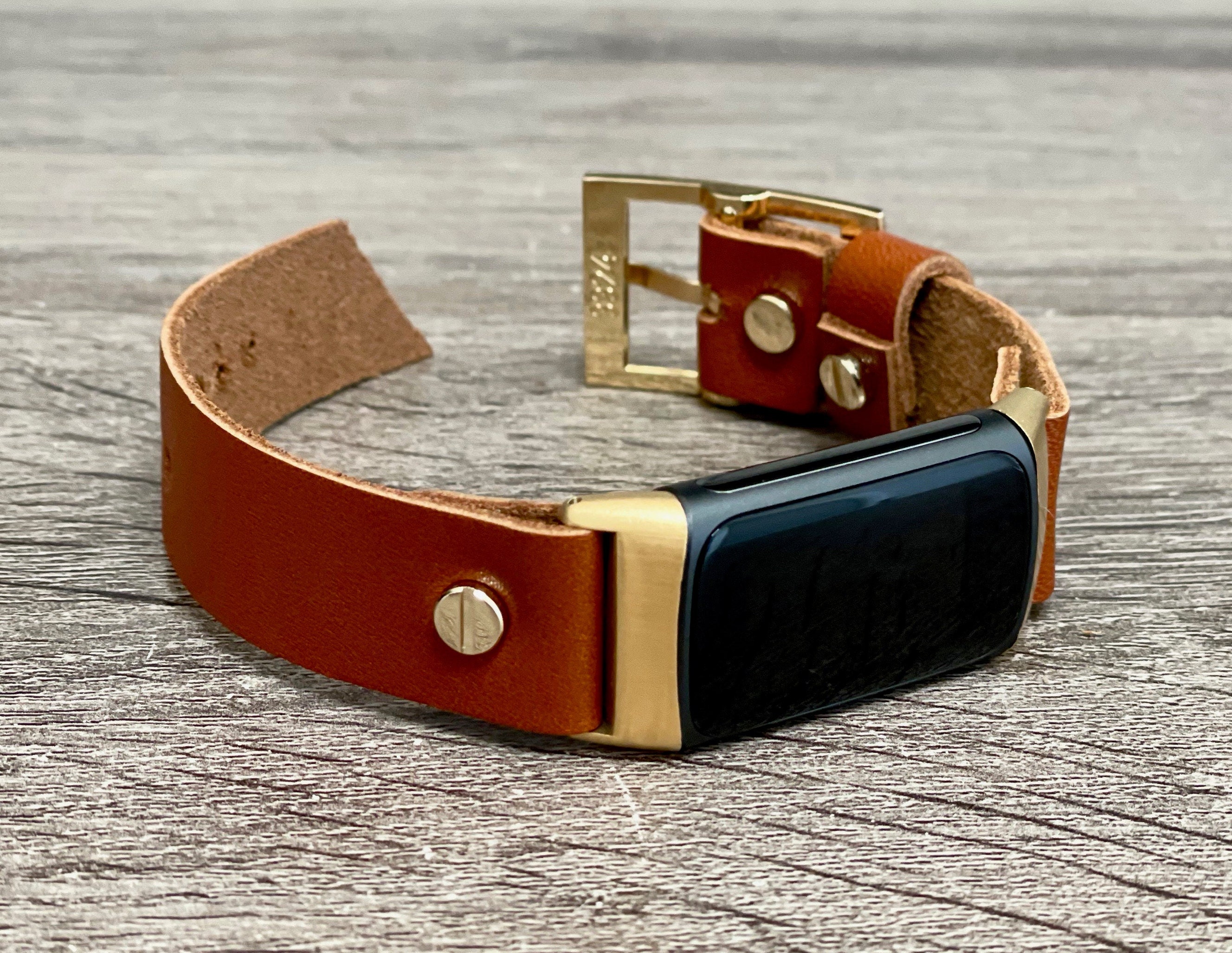 Fitbit Charge 5 Band, Brown Leather Fitbit Charge 5 Bracelet, Gold