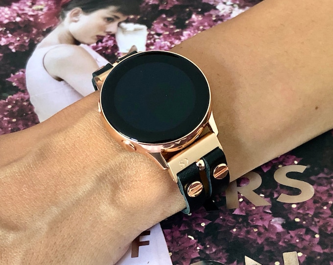 Black Leather Galaxy Watch Band: Rose Gold Accents Strap Bracelet