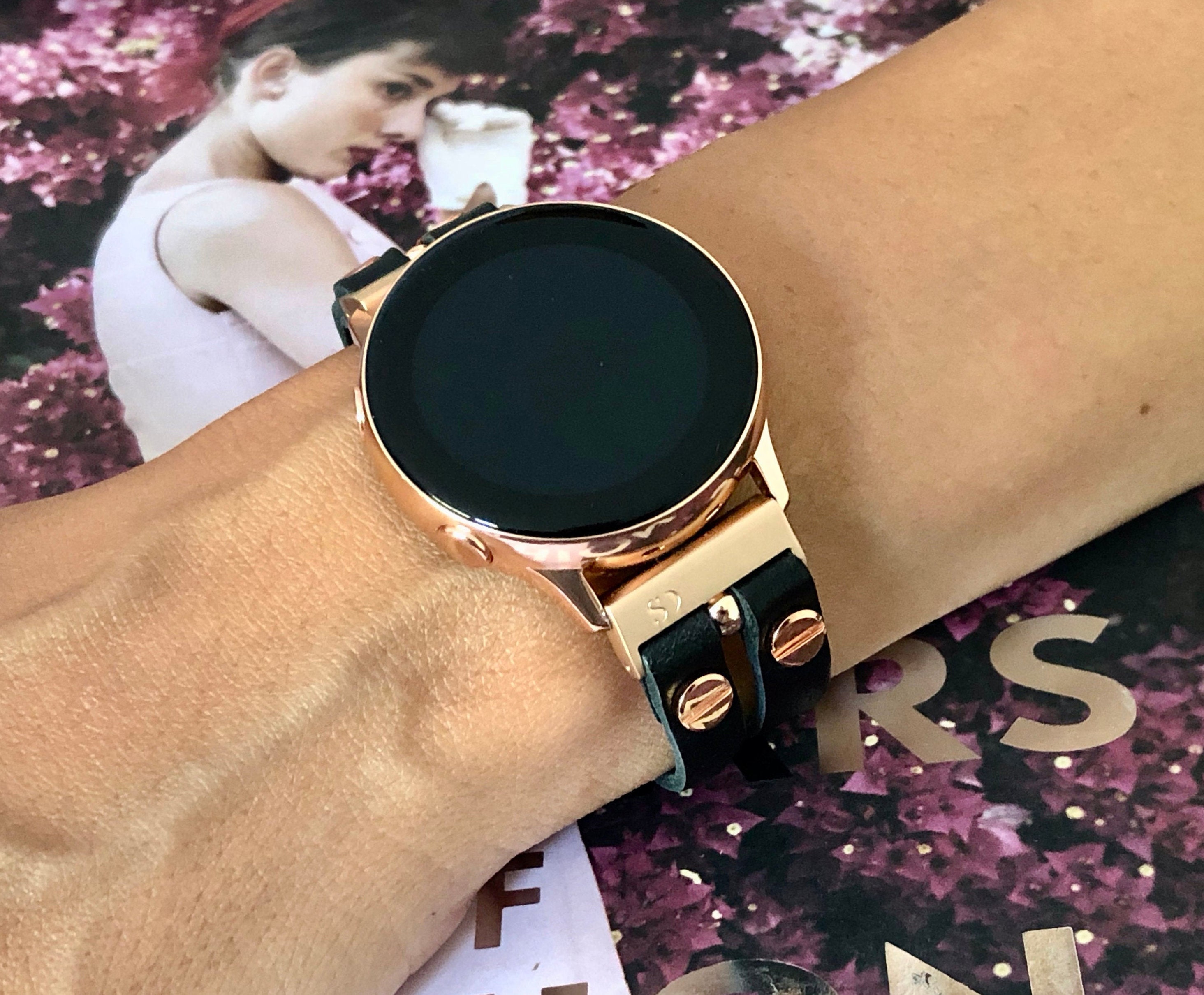 Rose Gold Galaxy Active2 Band 40mm 44mm Watch Black Leather Strap Samsung Galaxy Watch 42mm