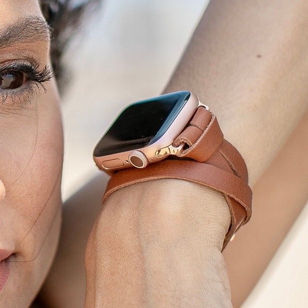 Doppelt gewickeltes Apple Watch Band Frauen Armband, 38mm 40mm 41mm 42mm 44mm 45mm 49mm Ultra, Schlank Hellbraun Echtleder Apple Watch Armband
