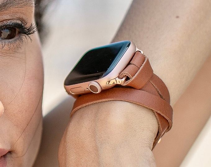 Double Wrapped Apple Watch Band Women Strap, 38mm 40mm 41mm 42mm 44mm 45mm 49mm Ultra, Slim Light Brown Genuine Leather Apple Watch Bracelet