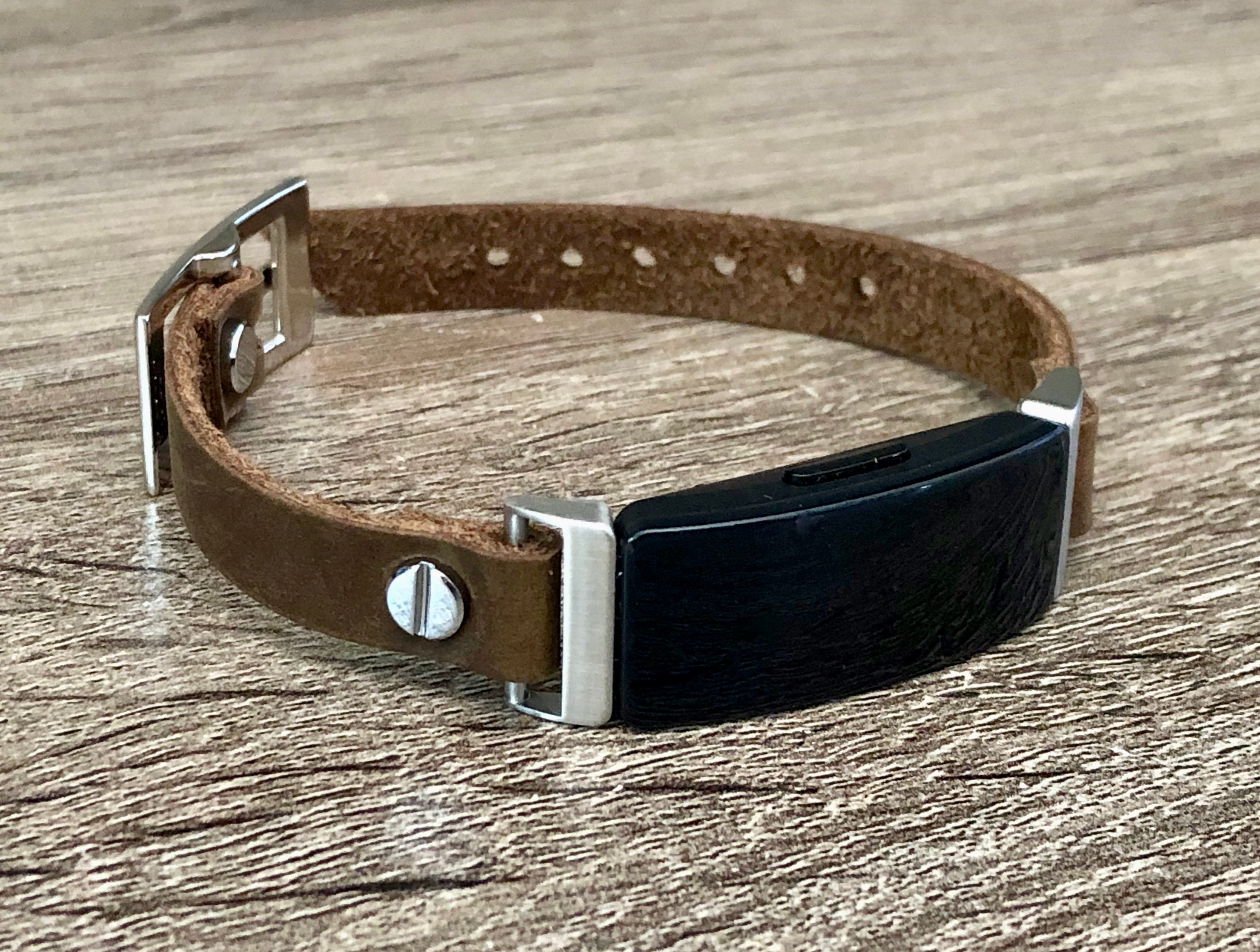 Leather Fitbit Inspire Band, Fitbit Inspire HR Bracelet, Silver & Distressed Brown Leather Strap