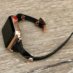 APPLE WATCH BAND Skinny Black Leather Strap Bracelet, 38mm 40mm 41mm 42mm 44mm 45mm, Women Style iWatch Strap Bands, Slim Leather Watch Wrap image 6