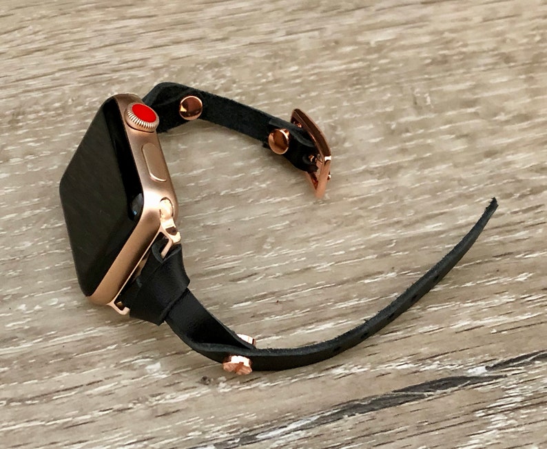 APPLE WATCH BAND Skinny Black Leather Strap Bracelet, 38mm 40mm 41mm 42mm 44mm 45mm, Women Style iWatch Strap Bands, Slim Leather Watch Wrap image 6