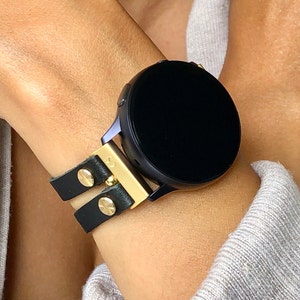 Samsung Galaxy Watch 6 Band 20mm Watch Band, Gold & Black Leather Bracelet for Women Samsung Galaxy Watch 5 Straps Double Straps Armband