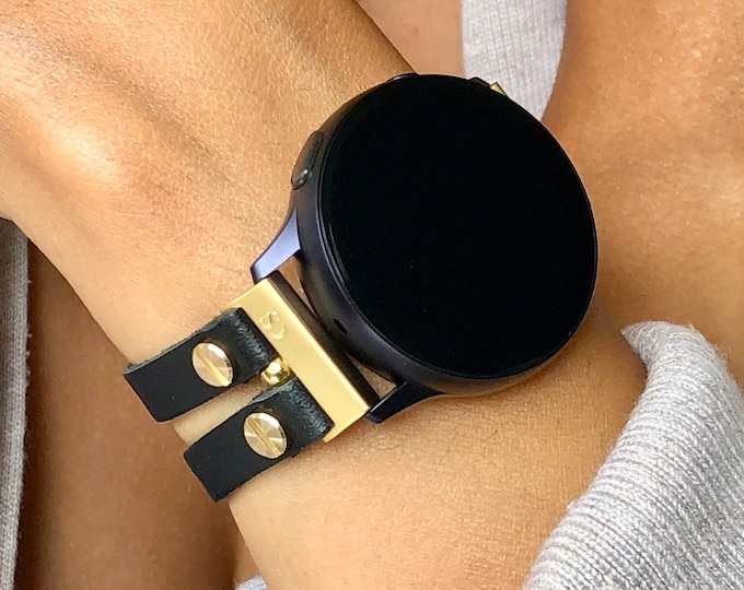 Samsung Galaxy Watch 6 Band 20mm Watch Band, Gold & Black Leather Bracelet for Women Samsung Galaxy Watch 5 Straps Double Straps Armband