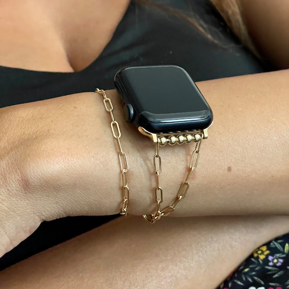14K Gold Filled Paperclip Chain Apple Watch Bracelet: Double Wrap Strap, Dainty iWatch Band