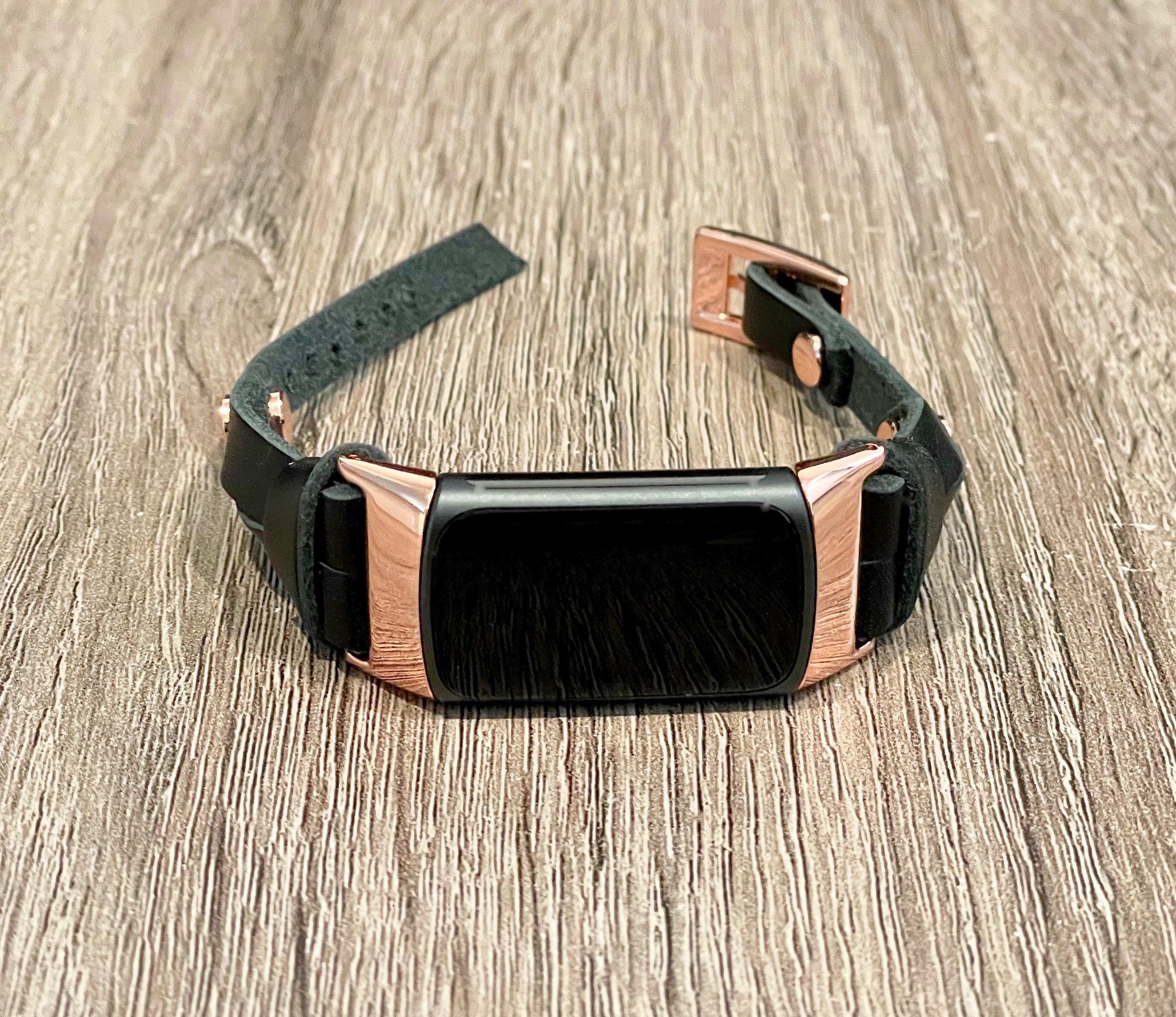 Rose Gold Black Leather Fitbit Charge 5 Band Fitbit Charge 5