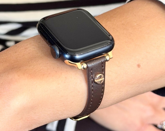 Dark Brown Leather Apple Watch Band 42mm 46mm Ultra, Slim Strap Women Bracelet