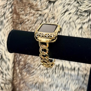 Gold Apple Watch Band 42mm 46mm Rhinestone Crystal Case Cover, Charm Bracelet