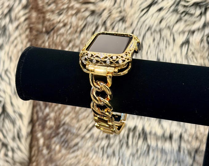 Gold Apple Watch Band 42mm 46mm Rhinestone Crystal Case Cover, Charm Bracelet