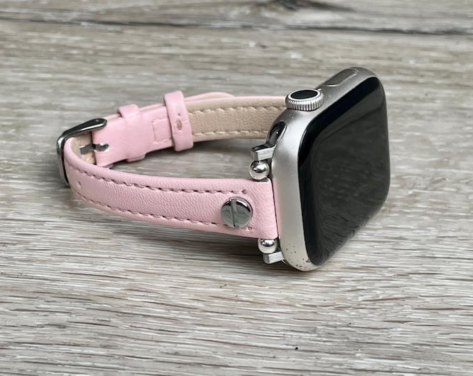 Slim Pink Leather Apple Watch Band: Adjustable Women's Strap Bracelet