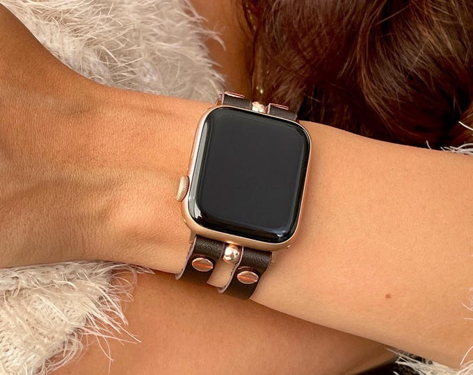 Leather Apple Watch Band - 46mm 42mm 38mm 40mm 41mm 44mm 45mm - Women iWatch Strap - Apple Watch Bracelet - Rose Gold Accents Jewelry
