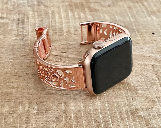 Rose Gold Apple Watch Band 46mm 42mm Ultra 41mm 45mm 38mm 40mm 44mm, Adjustable Links Bangle, Women Smartwatch Charm Jewelry, Gift for Her