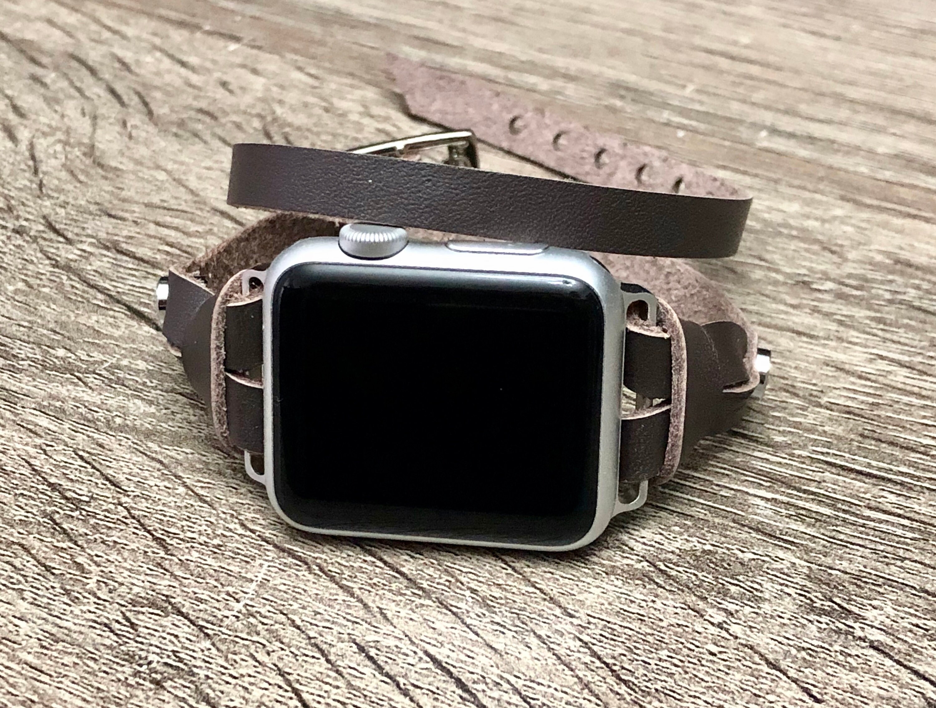 Silver & Brown Leather Bracelet for Apple Watch 38mm 42mm iWatch Band Double Wrap Apple Watch 