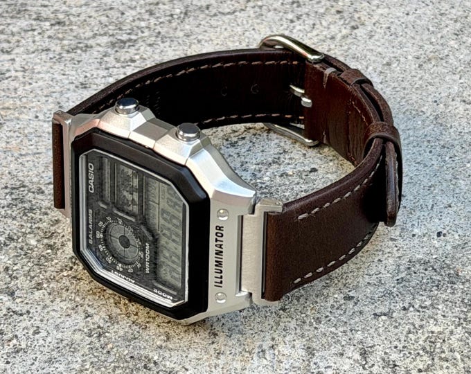 Vintage Brown Leather Watch Band for Casio AE1200WHD-1A, Classy Strap Bracelet, Adjustable Size