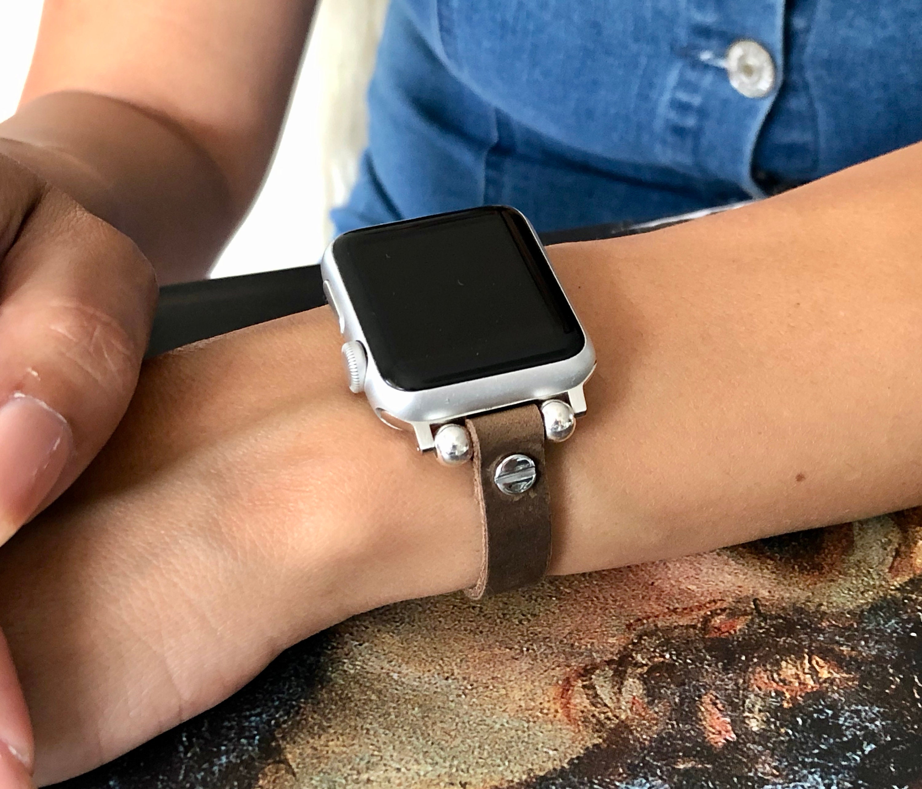 Slim Apple Watch Band 38mm 40mm 41mm 42mm 44mm 45mm Distressed Brown Leather & Silver Apple