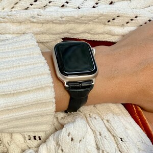 Black Leather Apple Watch Band 42mm 46mm 38mm 40mm 41mm 44mm 45mm Ultra, Slim Wrap Bracelet Silver Accents Women Strap Jewelry Gift for Her