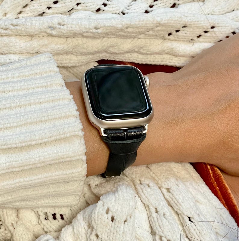 Black Leather Apple Watch Band 42mm 46mm 38mm 40mm 41mm 44mm 45mm Ultra, Slim Wrap Bracelet Silver Accents Women Strap Jewelry Gift for Her