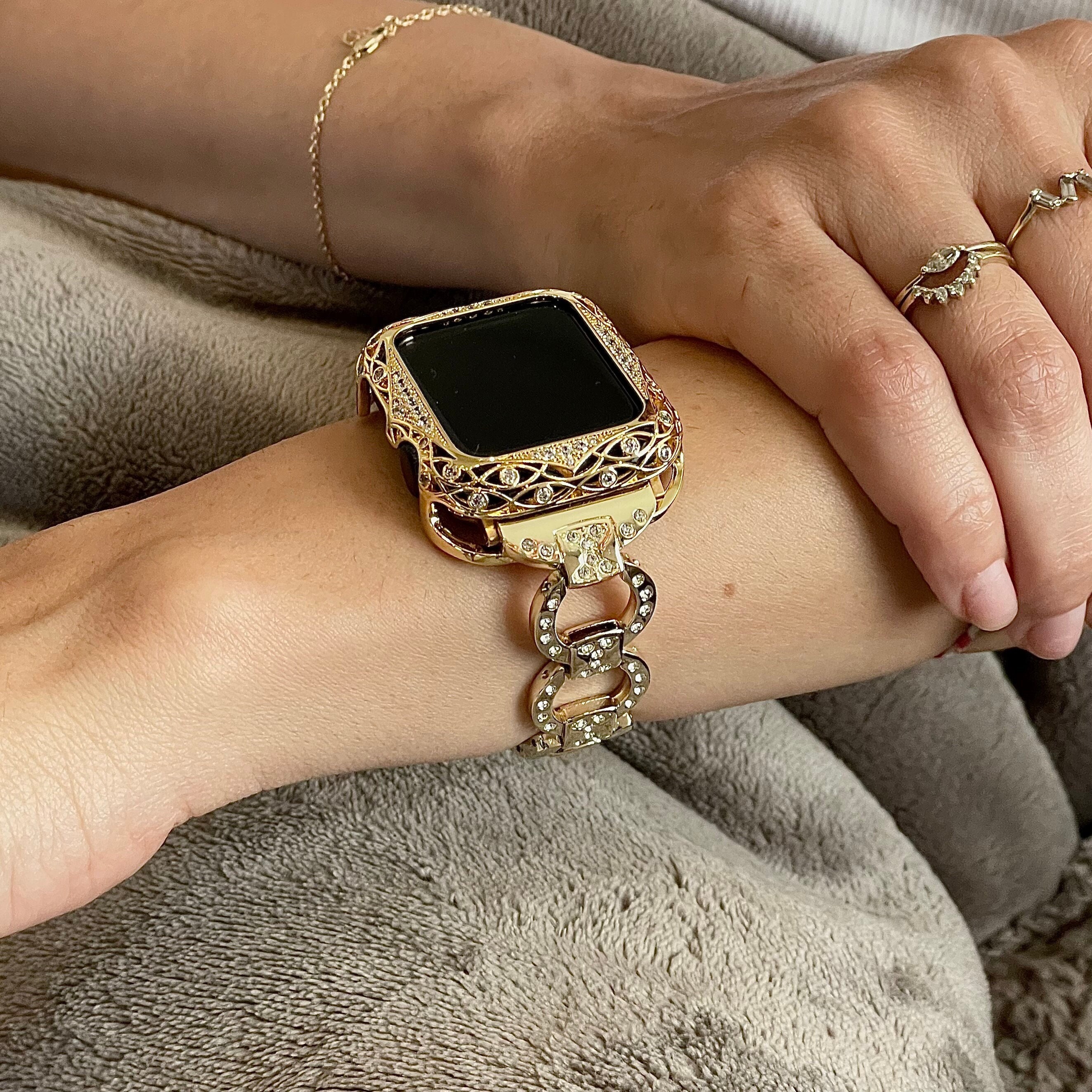 Gold Apple Watch Band and Apple Watch Case Cover with Pave Crystals