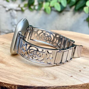 Floral Silver Fitbit Versa 4 Band, Women's Bracelet, Adjustable Size Bangle